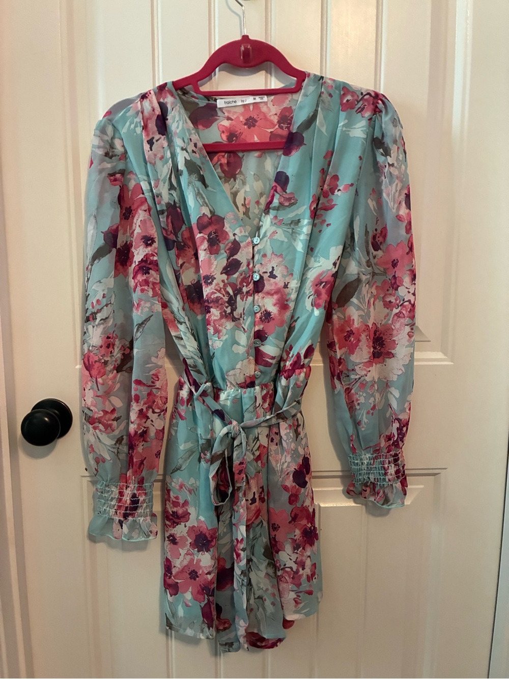 Nordstrom Aqua Floral Long-Sleeve Romper with Pink and Purple Blooms